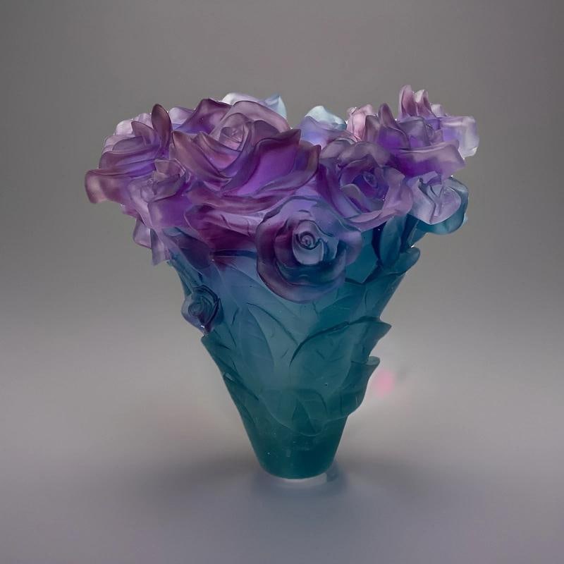 Blue Multi Crystal Nancy Daum Style Rose Vase H8.5 W8" Heavy Art Glass - 4
