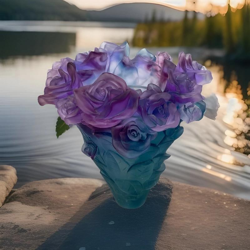 Blue Multi Crystal Nancy Daum Style Rose Vase H8.5 W8" Heavy Art Glass - 5