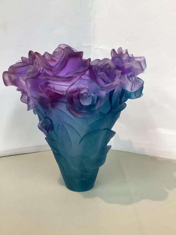 Blue Multi Crystal Nancy Daum Style Rose Vase H8.5 W8" Heavy Art Glass - 6