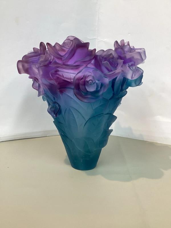 Blue Multi Crystal Nancy Daum Style Rose Vase H8.5 W8" Heavy Art Glass - 7