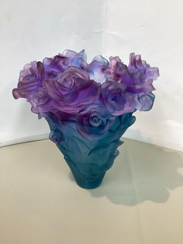 Blue Multi Crystal Nancy Daum Style Rose Vase H8.5 W8" Heavy Art Glass - 8