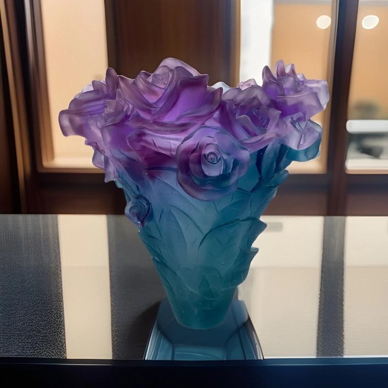 Blue Multi Crystal Nancy Daum Style Rose Vase H8.5 W8" Heavy Art Glass - 9