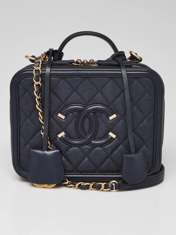 Chanel Navy Blue Quilted Caviar Leather Medium Filigree Vanity Case Bag: Condition: Pre-owned - Good,Brand: Chanel,Exterior Material: Leather,Style: Crossbody Bags,Everyday Bags,Exterior Color: Blue,Department: Women 