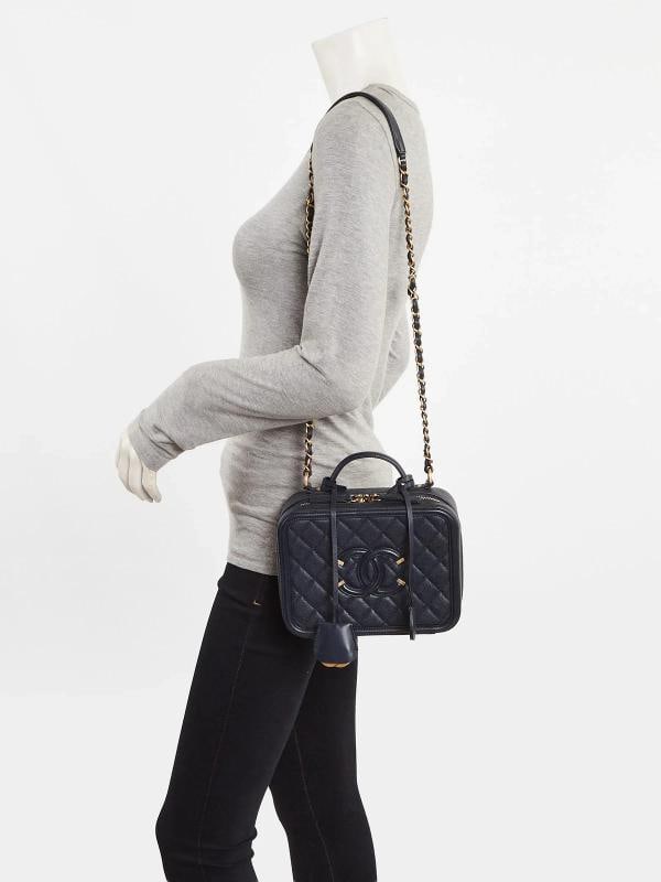 Chanel Navy Blue Quilted Caviar Leather Medium Filigree Vanity Case Bag - 2