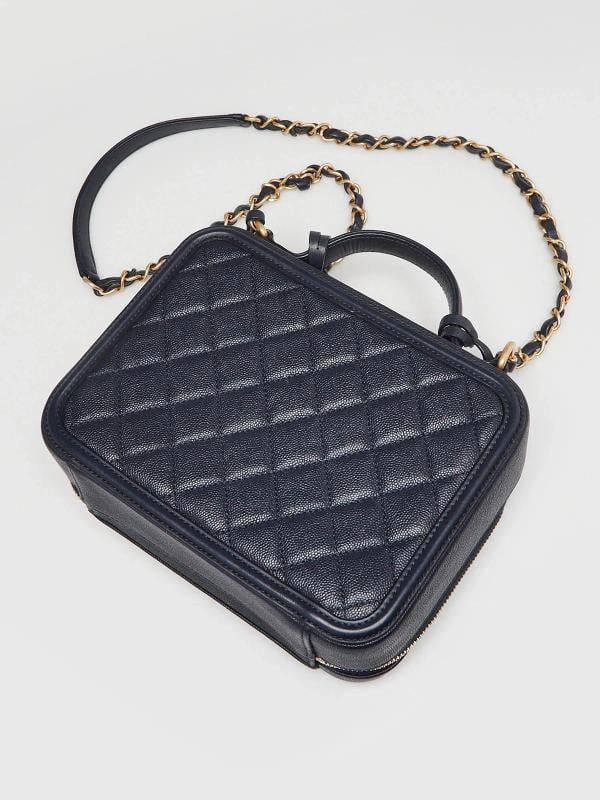 Chanel Navy Blue Quilted Caviar Leather Medium Filigree Vanity Case Bag - 3
