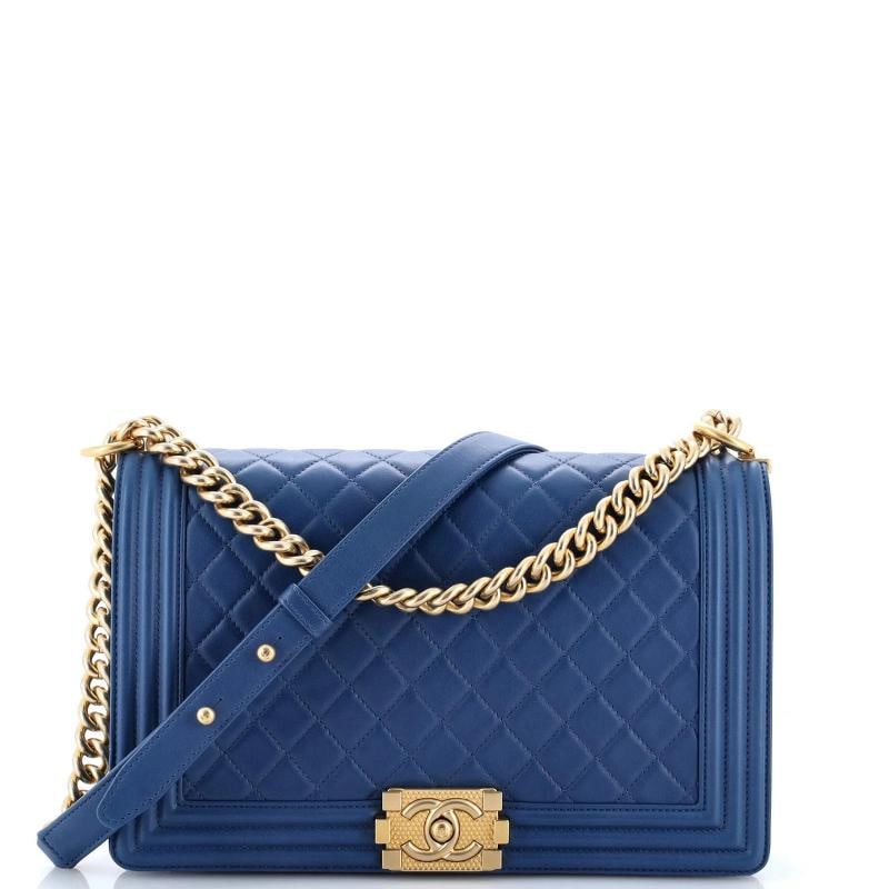 Chanel Boy Flap Bag Quilted Lambskin New Medium: Condition: Pre-owned - Good,Brand: Chanel,Exterior Material: Leather,Style: Shoulder Bags,Exterior Color: Blue,Department: Women,Size: New Medium Condition: Very good. Exterior: scuffs, creases, corne