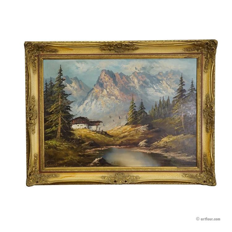 Alpine Landscape Oil Painting with Tyrolean Mountain Hut (1 of 8)