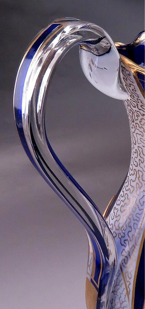 Antique Bohemian Cased Glass Gilded White on Cobalt Blue Pitcher Ewer - 4