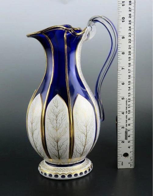 Antique Bohemian Cased Glass Gilded White on Cobalt Blue Pitcher Ewer - 8