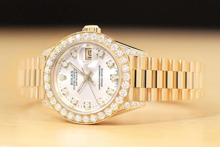ROLEX LADIES DATEJUST PRESIDENT FACTORY DIAMOND DIAL 1.5 CT BEZEL 18K GOLD WATCH - 2