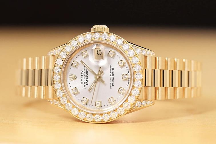 ROLEX LADIES DATEJUST PRESIDENT FACTORY DIAMOND DIAL 1.5 CT BEZEL 18K GOLD WATCH - 3
