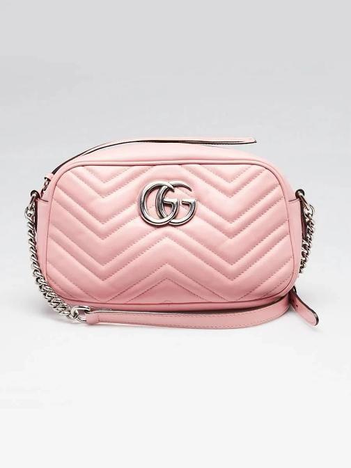 Gucci Pink Quilted Leather Marmont Small Camera Bag: Condition: Pre-owned - Good,Brand: Gucci,Exterior Material: Leather,Style: Crossbody Bags,Everyday Bags,Exterior Color: Pink,Department: Women