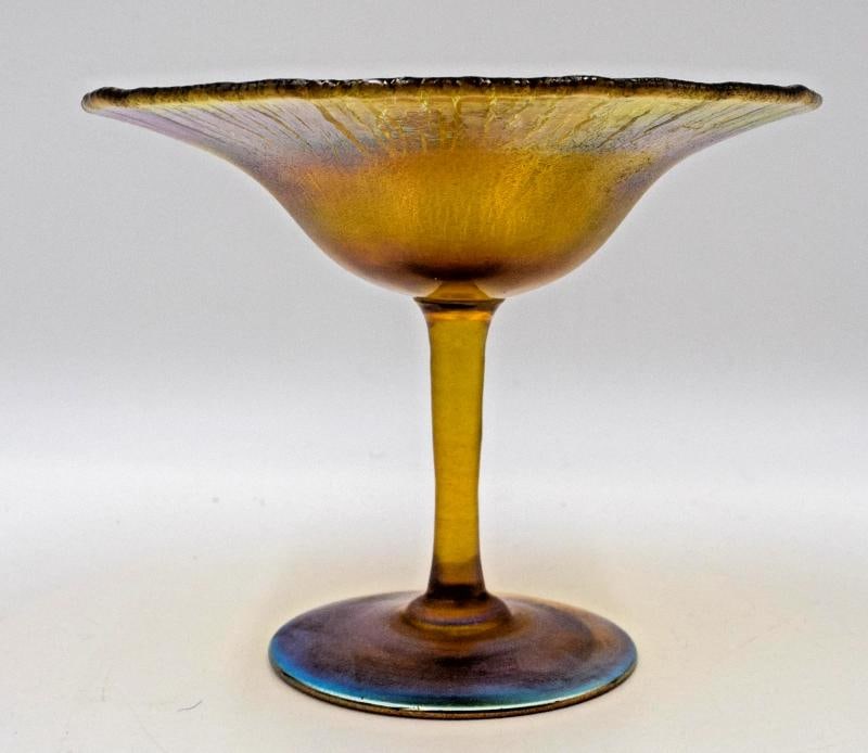 L.C. Tiffany Gold Favrille Hand Blown Compote, Circa 1920, Signed: Measures 4 3/8" high by 5 1/2" high. Condition: Used,Brand: L.C. Tiffany,Antique: Yes,Type: Compote & Pedestal Bowl,Color: Gold,Material: Glass 