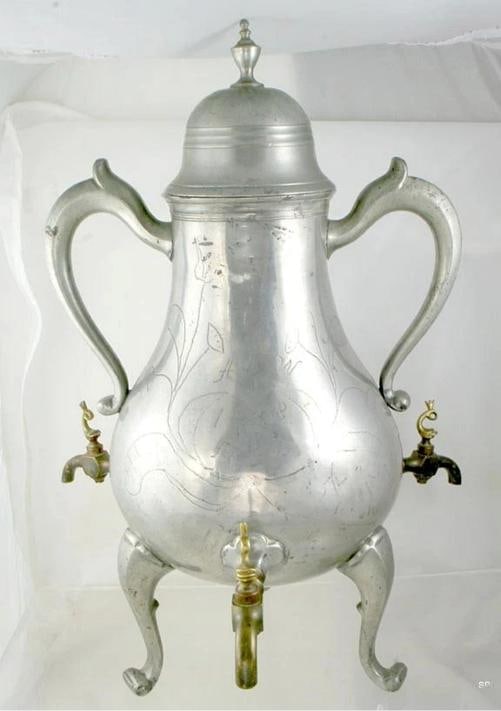 Interesting 1848 3-Spigot Engraved European Pewter Urn Samovar (1 of 6)