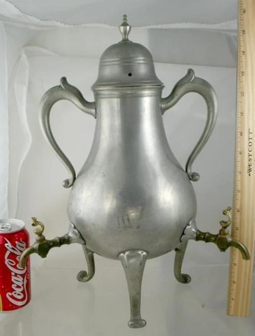Interesting 1848 3-Spigot Engraved European Pewter Urn Samovar - 6