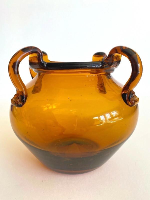 VTG MID CENTURY MODERNIST TOPAZ SIENNA HAND BLOWN ART GLASS JARDINIERE BOWL VASE - 10