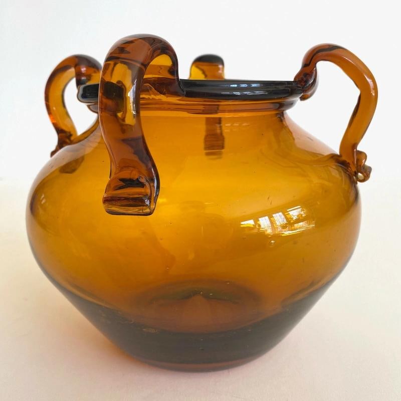 VTG MID CENTURY MODERNIST TOPAZ SIENNA HAND BLOWN ART GLASS JARDINIERE BOWL VASE - 11