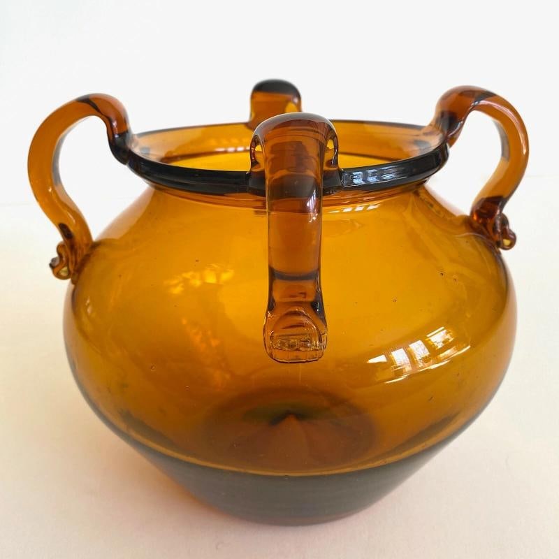 VTG MID CENTURY MODERNIST TOPAZ SIENNA HAND BLOWN ART GLASS JARDINIERE BOWL VASE - 2