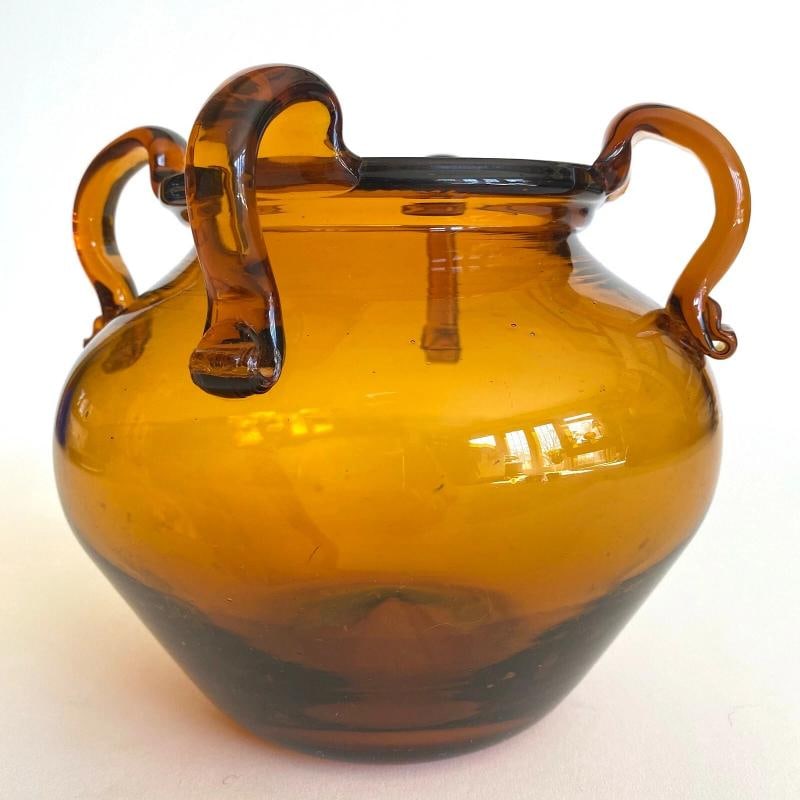 VTG MID CENTURY MODERNIST TOPAZ SIENNA HAND BLOWN ART GLASS JARDINIERE BOWL VASE - 3