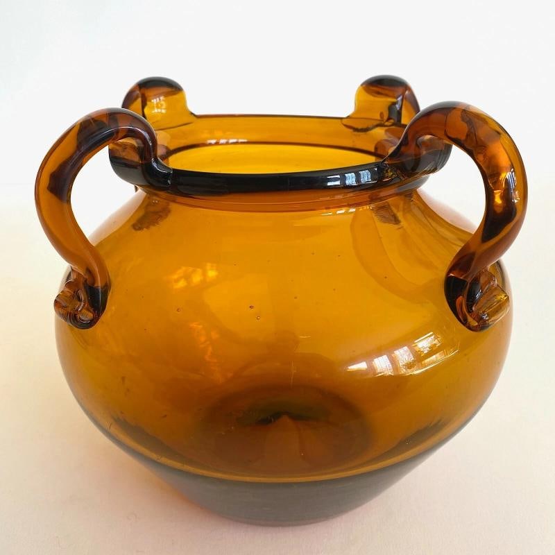 VTG MID CENTURY MODERNIST TOPAZ SIENNA HAND BLOWN ART GLASS JARDINIERE BOWL VASE - 4