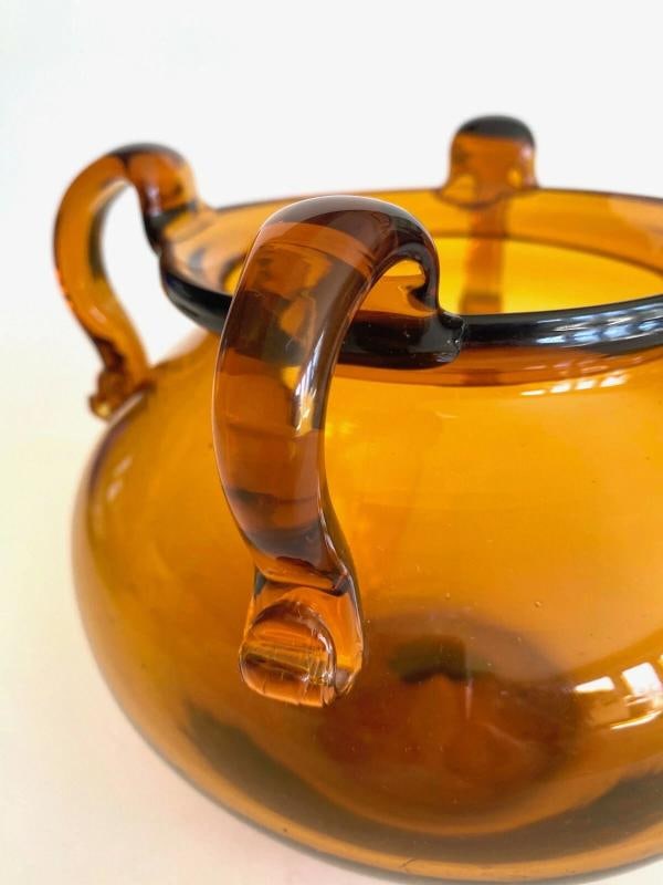 VTG MID CENTURY MODERNIST TOPAZ SIENNA HAND BLOWN ART GLASS JARDINIERE BOWL VASE - 5