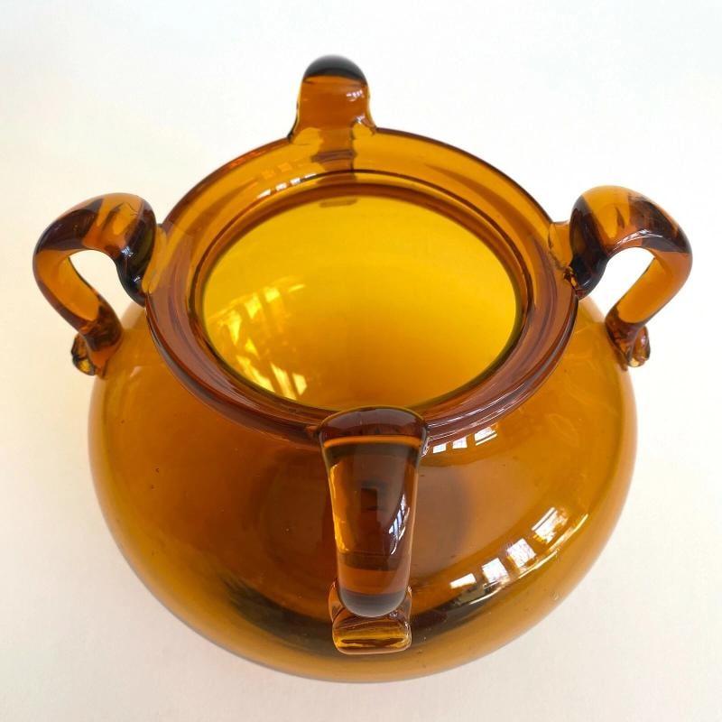 VTG MID CENTURY MODERNIST TOPAZ SIENNA HAND BLOWN ART GLASS JARDINIERE BOWL VASE - 6