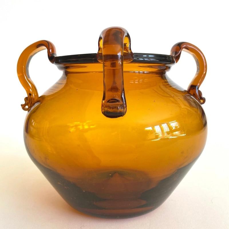 VTG MID CENTURY MODERNIST TOPAZ SIENNA HAND BLOWN ART GLASS JARDINIERE BOWL VASE - 8