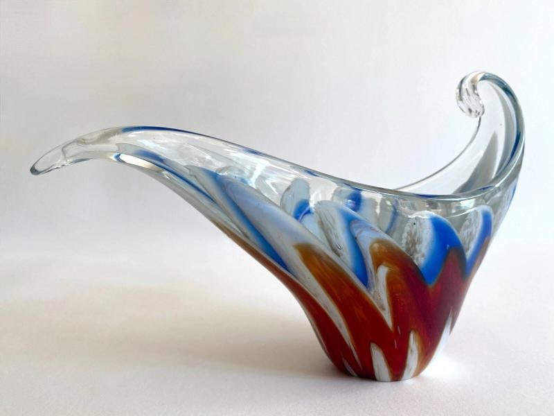 MODERNIST MURANO ART GLASS MULTICOLOR ZIGZAG SWIRL SCULPTURAL SCROLL BOWL - 10