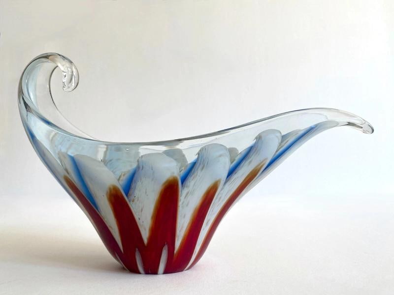 MODERNIST MURANO ART GLASS MULTICOLOR ZIGZAG SWIRL SCULPTURAL SCROLL BOWL - 11