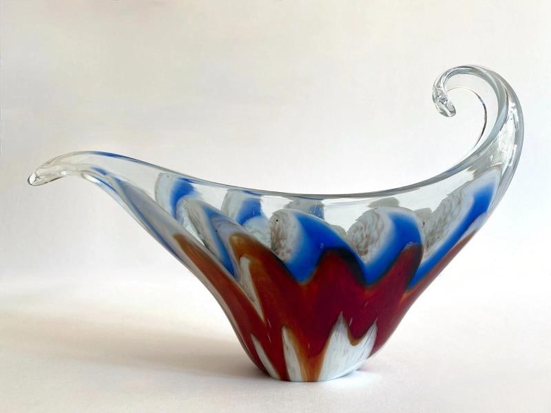 MODERNIST MURANO ART GLASS MULTICOLOR ZIGZAG SWIRL SCULPTURAL SCROLL BOWL: MEASURES 10" W X 2 3/4" D X 6" H. Condition: Used,Country of Origin: Italy,Shape: Abstract,Handmade: Yes,Production Technique: Hand Blown Glass,Original/Reproduction: Vintage Original,Style: Mid-Centu