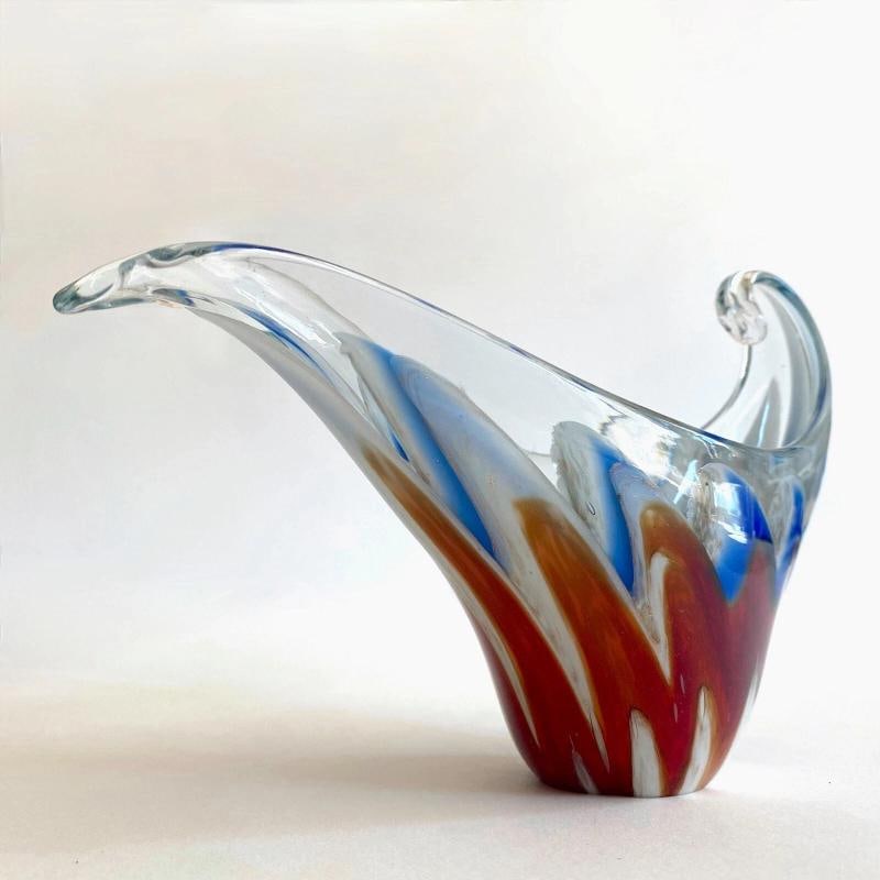 MODERNIST MURANO ART GLASS MULTICOLOR ZIGZAG SWIRL SCULPTURAL SCROLL BOWL - 2