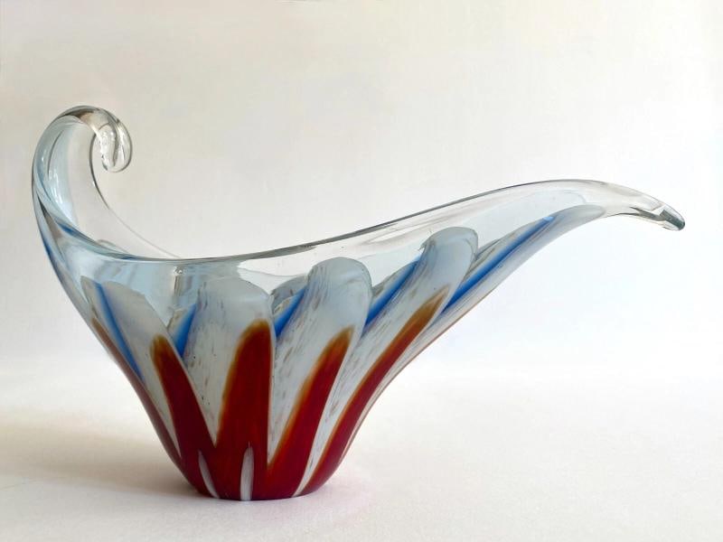 MODERNIST MURANO ART GLASS MULTICOLOR ZIGZAG SWIRL SCULPTURAL SCROLL BOWL - 3
