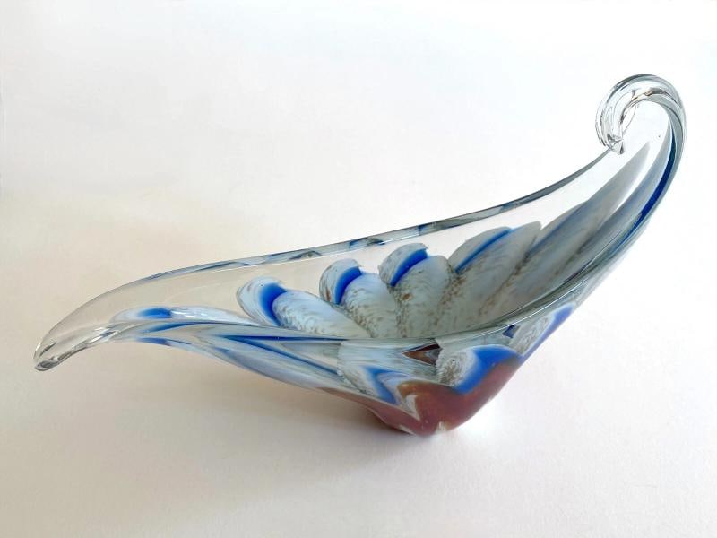 MODERNIST MURANO ART GLASS MULTICOLOR ZIGZAG SWIRL SCULPTURAL SCROLL BOWL - 4