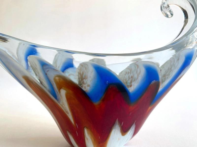 MODERNIST MURANO ART GLASS MULTICOLOR ZIGZAG SWIRL SCULPTURAL SCROLL BOWL - 5