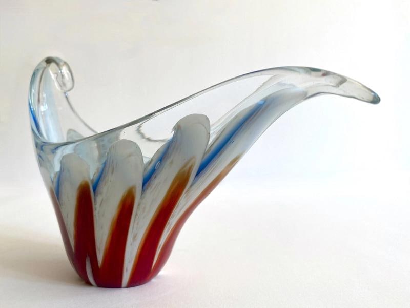 MODERNIST MURANO ART GLASS MULTICOLOR ZIGZAG SWIRL SCULPTURAL SCROLL BOWL - 6