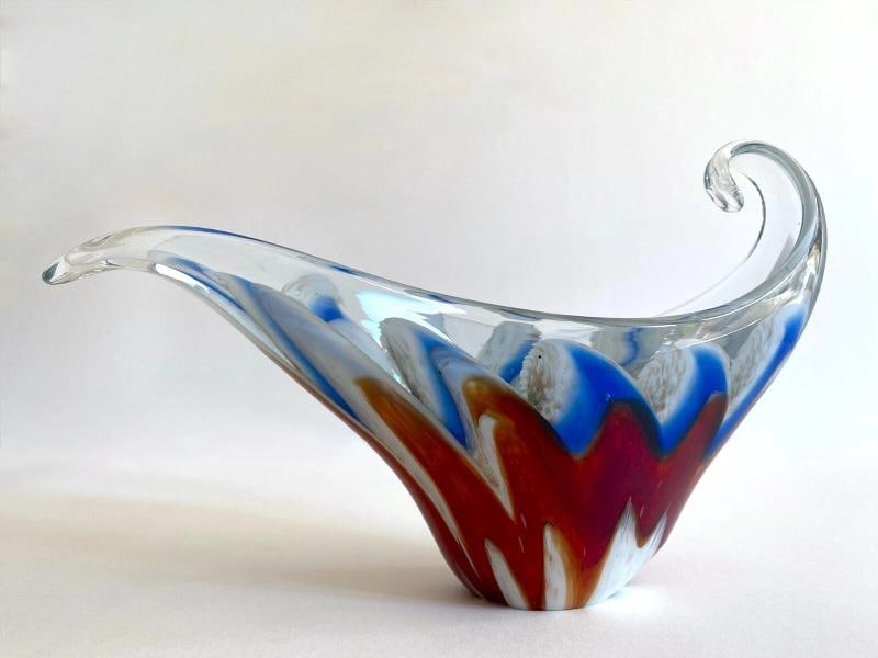 MODERNIST MURANO ART GLASS MULTICOLOR ZIGZAG SWIRL SCULPTURAL SCROLL BOWL - 7