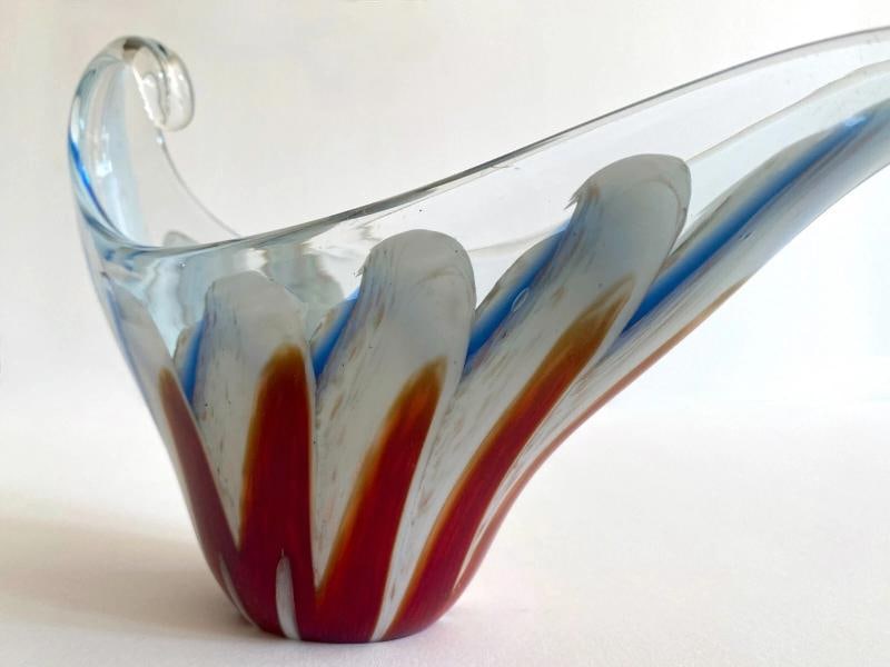 MODERNIST MURANO ART GLASS MULTICOLOR ZIGZAG SWIRL SCULPTURAL SCROLL BOWL - 8
