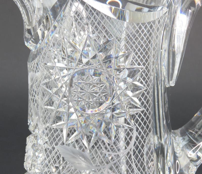 Dazzling American Brilliant Period Intaglio Cut Glass Water Pitcher w 4 Cups - 3