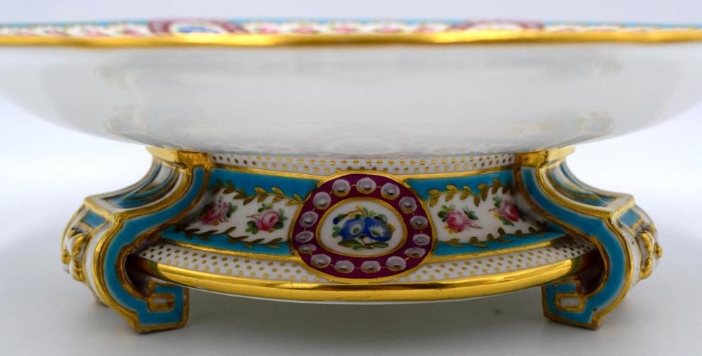 Antique Minton Turquoise Hand Painted Compote w/Flowers & Birds - 3