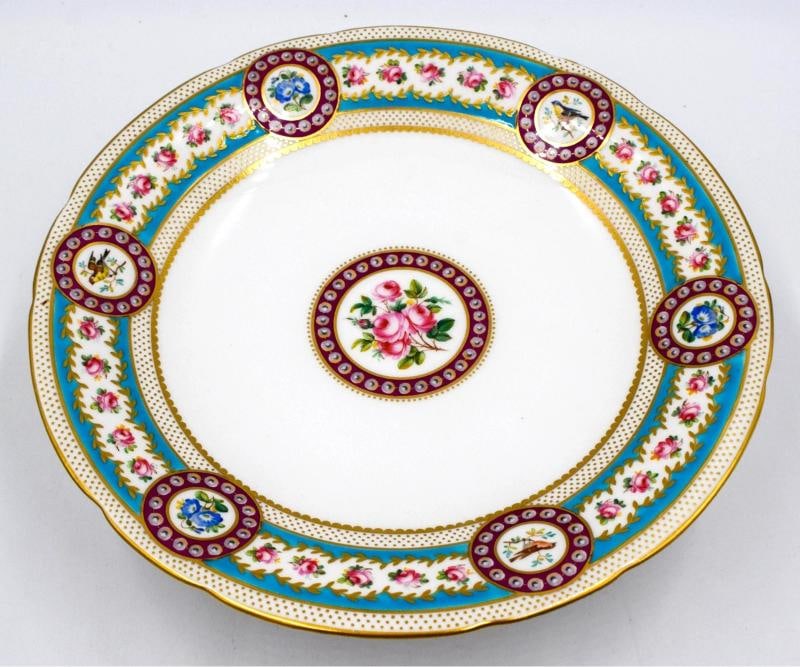 Antique Minton Turquoise Hand Painted Compote w/Flowers & Birds - 4