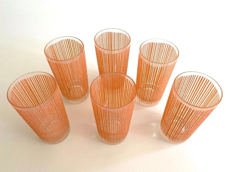 MID CENTURY MODERN GEORGES BRIARD PINK FROSTED TEXTURE STRIPE TUMBLER GLASSES 6P - 10