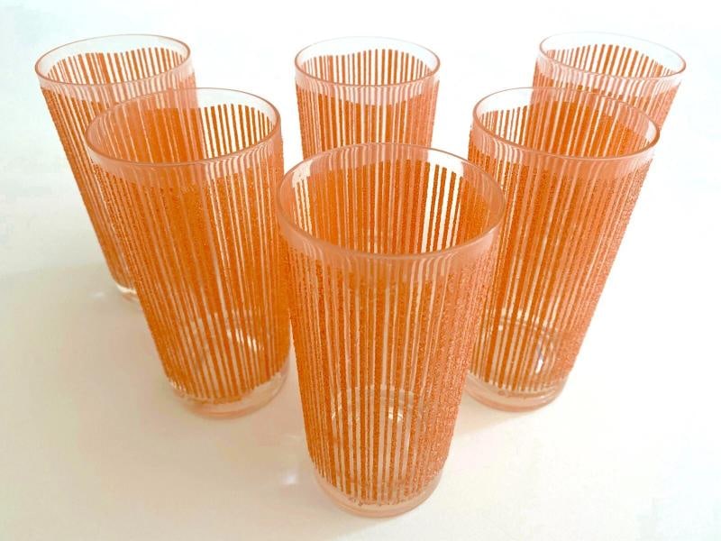 MID CENTURY MODERN GEORGES BRIARD PINK FROSTED TEXTURE STRIPE TUMBLER GLASSES 6P - 11