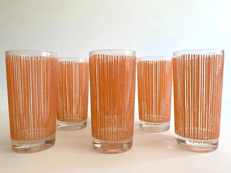 MID CENTURY MODERN GEORGES BRIARD PINK FROSTED TEXTURE STRIPE TUMBLER GLASSES 6P - 12