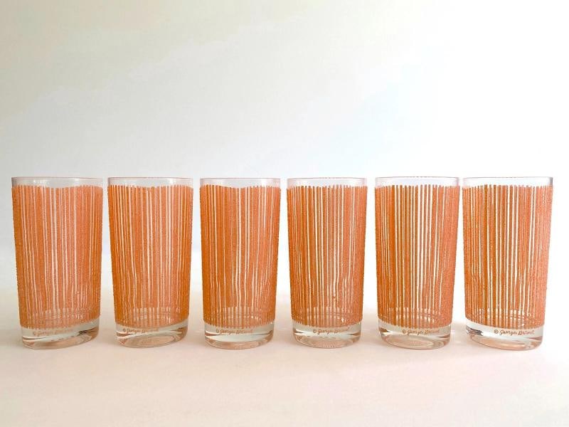 MID CENTURY MODERN GEORGES BRIARD PINK FROSTED TEXTURE STRIPE TUMBLER GLASSES 6P - 2