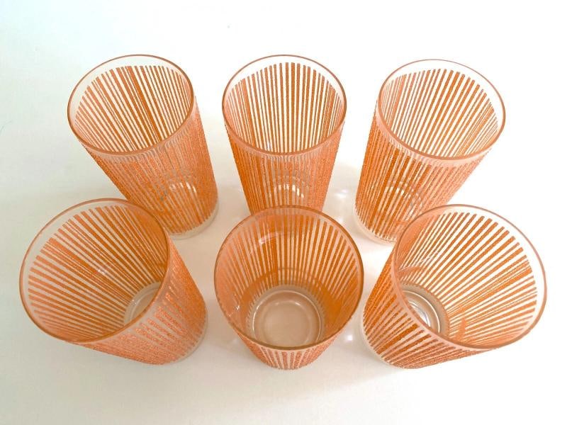 MID CENTURY MODERN GEORGES BRIARD PINK FROSTED TEXTURE STRIPE TUMBLER GLASSES 6P - 4
