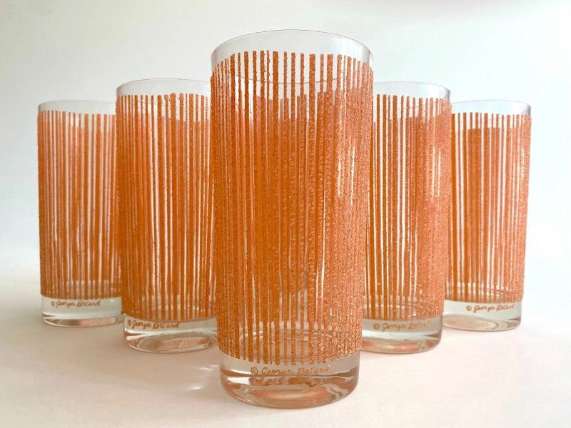 MID CENTURY MODERN GEORGES BRIARD PINK FROSTED TEXTURE STRIPE TUMBLER GLASSES 6P - 6