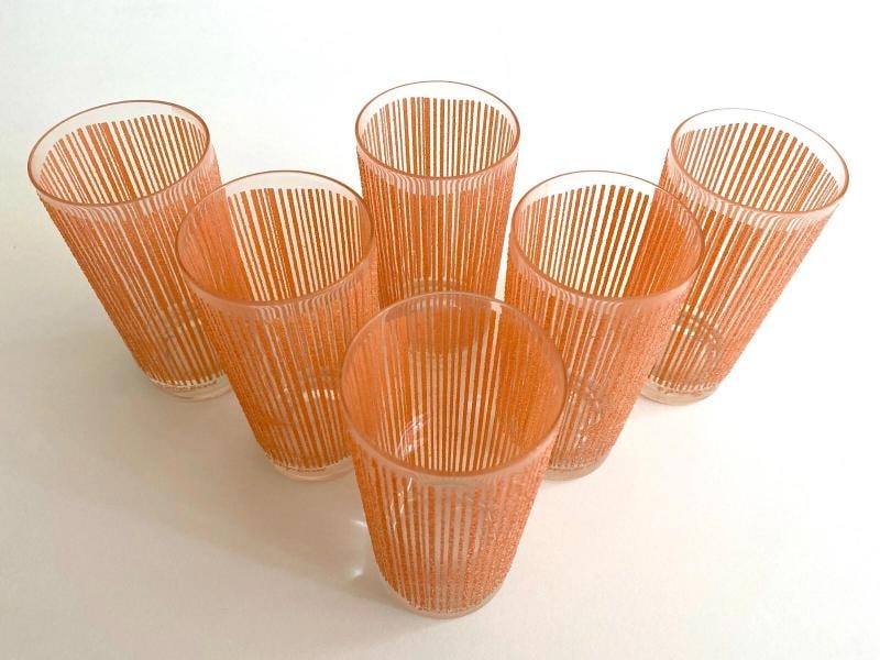 MID CENTURY MODERN GEORGES BRIARD PINK FROSTED TEXTURE STRIPE TUMBLER GLASSES 6P - 7