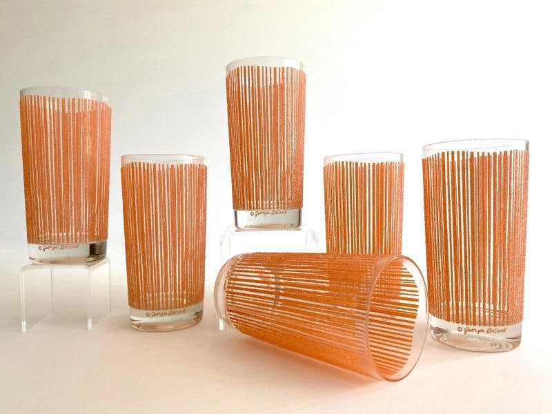 MID CENTURY MODERN GEORGES BRIARD PINK FROSTED TEXTURE STRIPE TUMBLER GLASSES 6P - 8