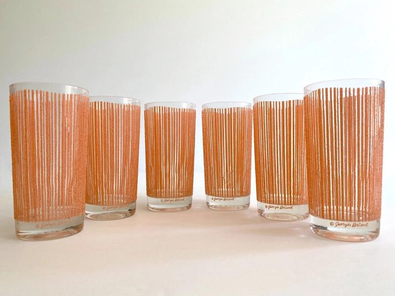 MID CENTURY MODERN GEORGES BRIARD PINK FROSTED TEXTURE STRIPE TUMBLER GLASSES 6P - 9