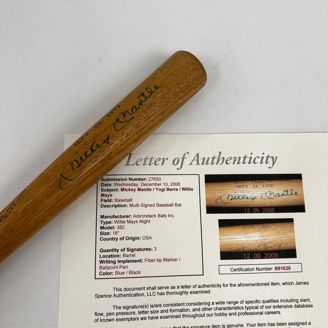 Mickey Mantle & Willie Mays Signed 1973 Willie Mays Night Mini Baseball Bat JSA: Sport: Baseball,Player: Mickey Mantle,Signed: Yes,Original/Reprint: Original,Autograph Authentication: James Spence Authentication (JSA),Product: Bat